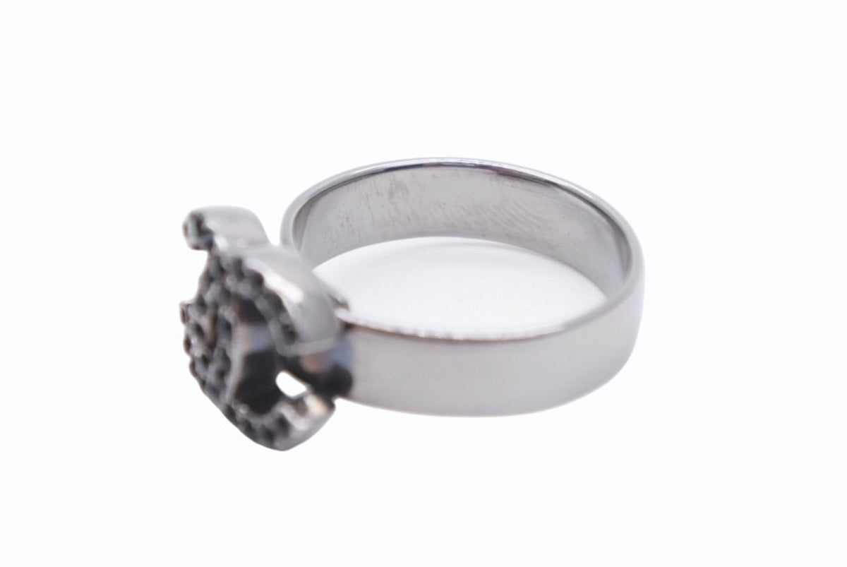 Chanel 09P CC Logo Ring Rhinestone Metal Silver Black — view 6