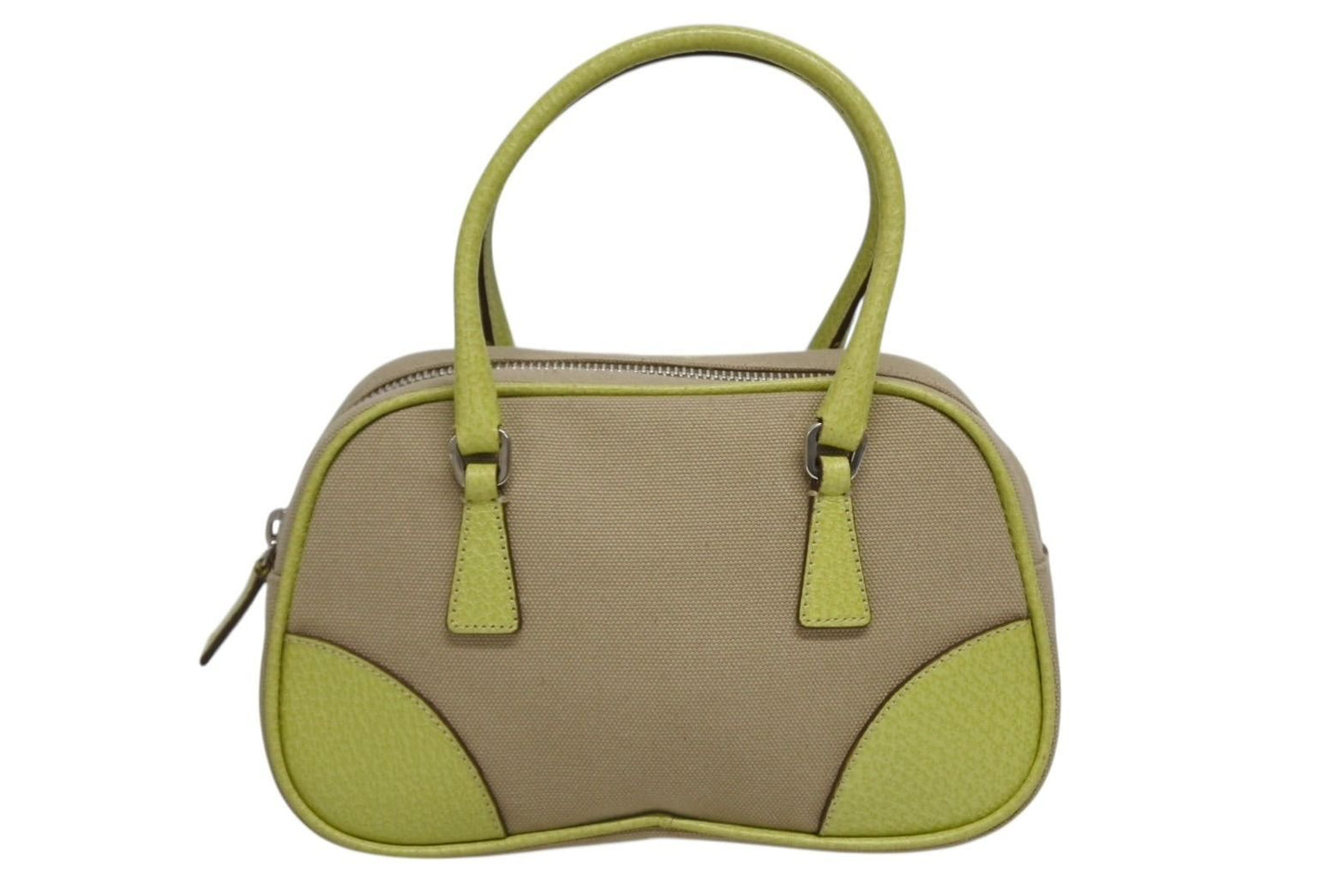 Prada Mini Boston Bag Triangle Logo Leather Canvas Beige Green