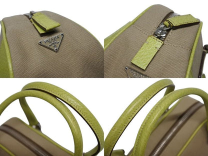 Prada Mini Boston Bag Triangle Logo Leather Canvas Beige Green — view 5