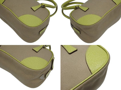 Prada Mini Boston Bag Triangle Logo Leather Canvas Beige Green — view 7