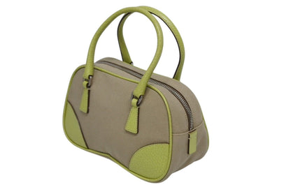 Prada Mini Boston Bag Triangle Logo Leather Canvas Beige Green — view 3