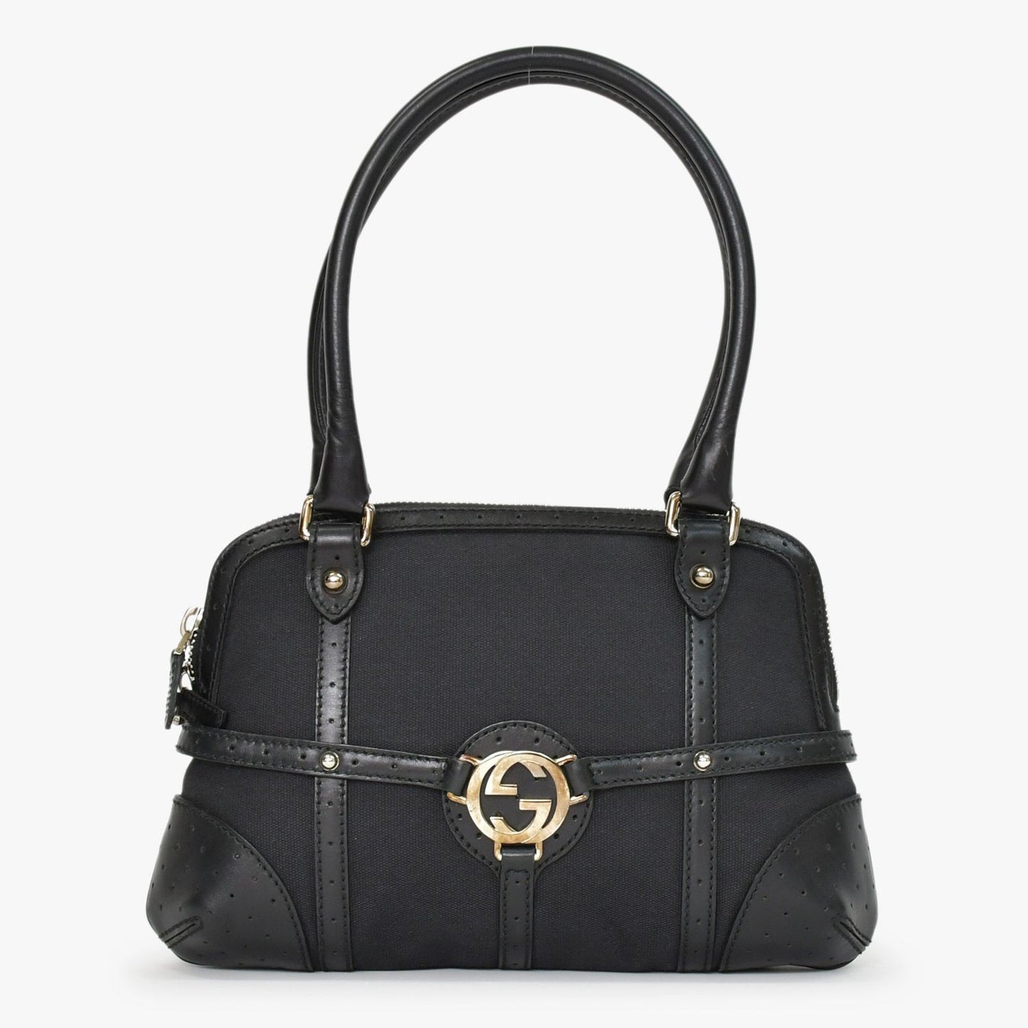 Gucci Interlocking G Handbag Canvas Leather Black Silver