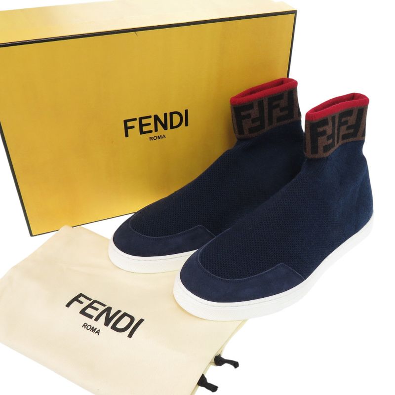 Unused Fendi Ff Logo Sock Sneakers Zucca Knit Sneakers Navy Red Brown 2024 Fendi