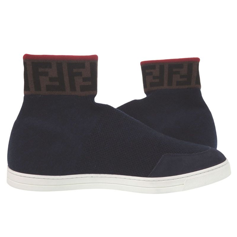 Unused Fendi Ff Logo Sock Sneakers Zucca Knit Sneakers Navy Red Brown 2024 Fendi