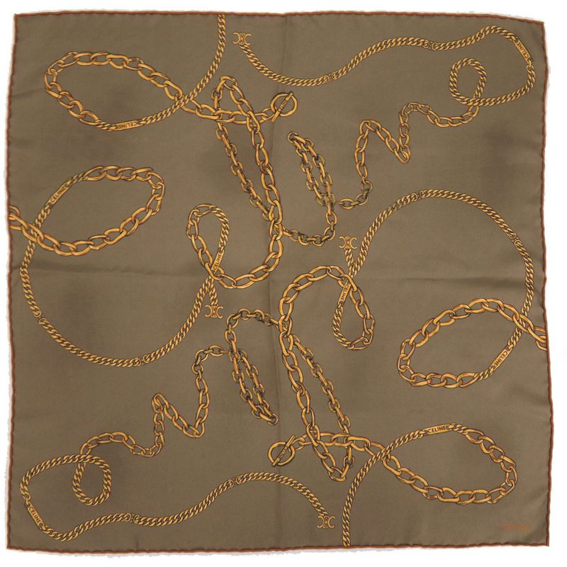 Celine Twill Bandana Taupe Silk Khaki Gold Scarf 1529 Celine