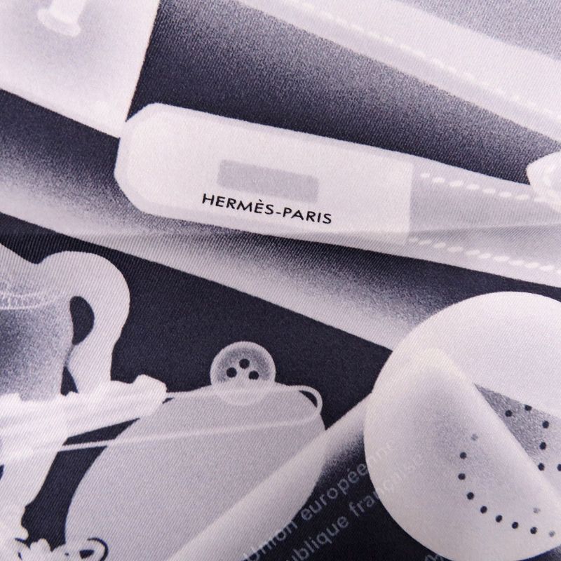 Hermes Carre 70 Please Check in Silk Black White Scarf 1054 Hermes