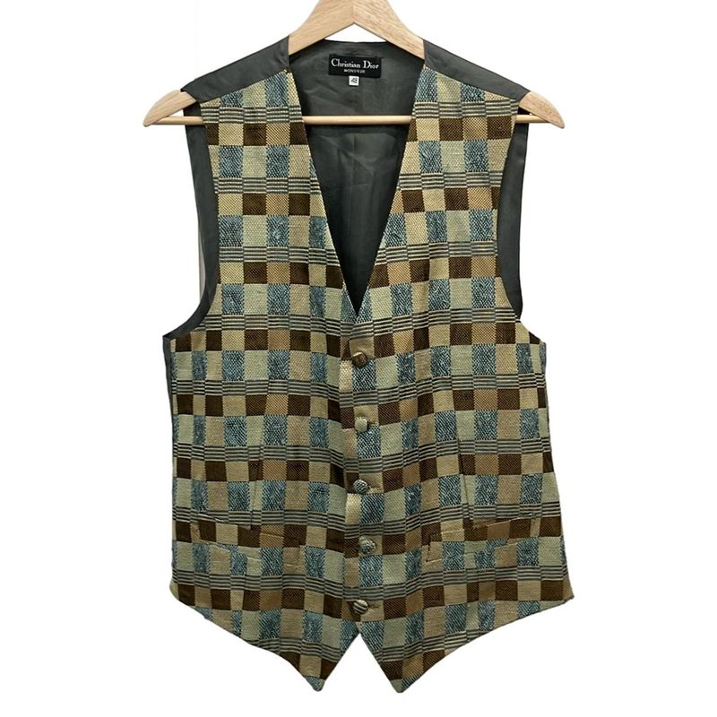 Christian Dior Monsieur Vest Size 48 XL Men's - Gray X Beige X Multi Silk Plaid