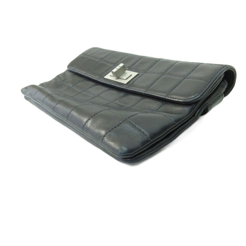 Chanel Chocolate Bar Clutch Bag Second Bag Lambskin Leather Black 1206 Aa