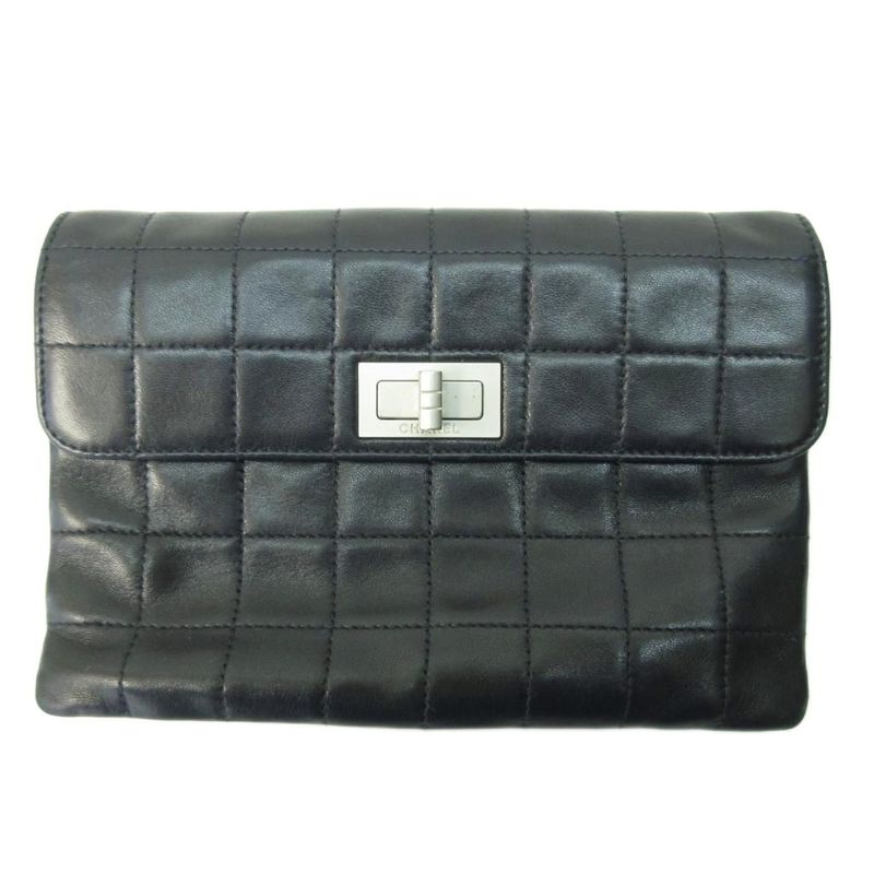 Chanel Chocolate Bar Clutch Bag Second Bag Lambskin Leather Black 1206 Aa