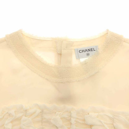 Chanel Ruffle Gathered Silk Pullover Blouse Beige 42