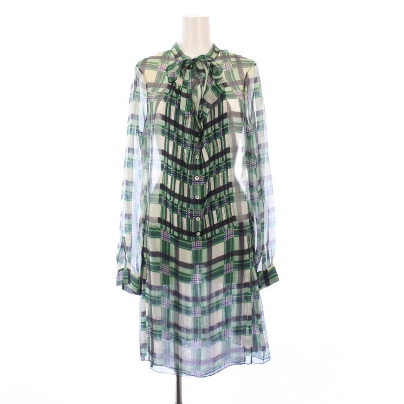 Christian Dior Tunic Bowtie Shirt Blouse Long Sleeve Sheer See-Through Plaid