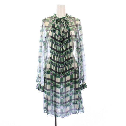 Christian Dior Tunic Bowtie Shirt Blouse Long Sleeve Sheer See-Through Plaid