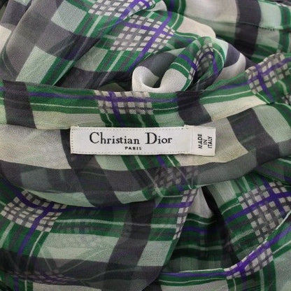 Christian Dior Tunic Bowtie Shirt Blouse Long Sleeve Sheer See-Through Plaid