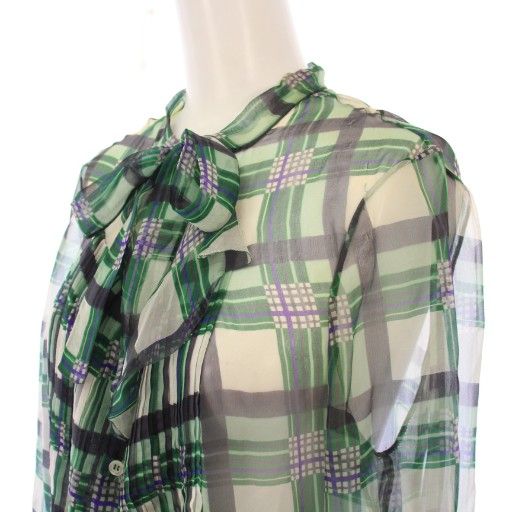 Christian Dior Tunic Bowtie Shirt Blouse Long Sleeve Sheer See-Through Plaid