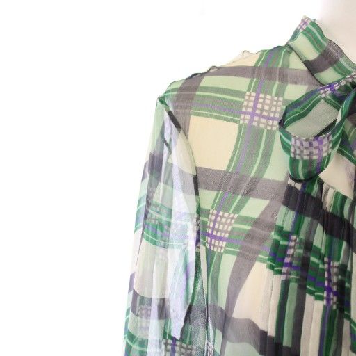 Christian Dior Tunic Bowtie Shirt Blouse Long Sleeve Sheer See-Through Plaid