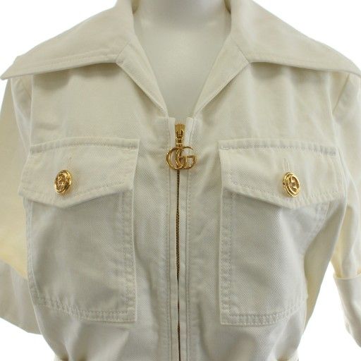 Gucci Ecowashed Organic Cotton Safari Jacket Short Sleeve Logo Zip Up 36 White