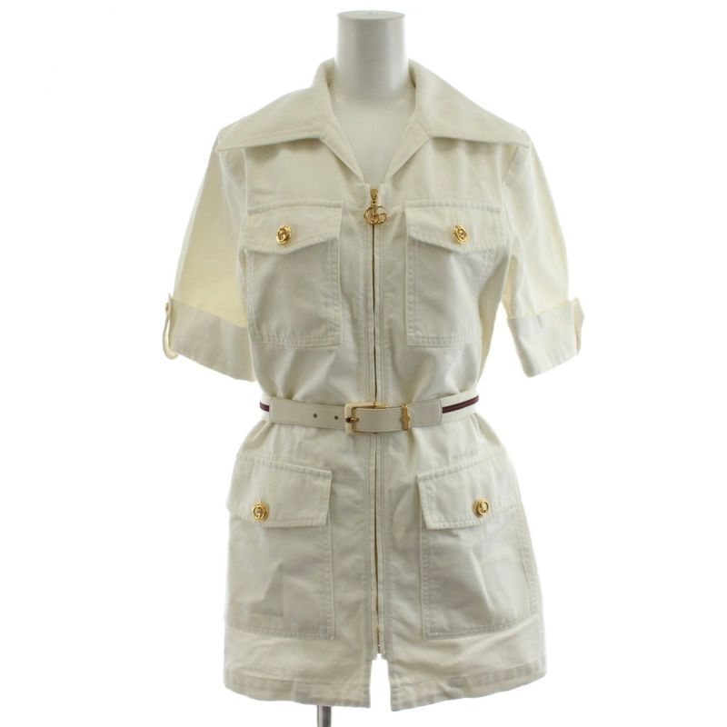 Gucci Ecowashed Organic Cotton Safari Jacket Short Sleeve Logo Zip Up 36 White