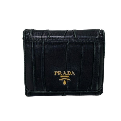 Prada Trifold Wallet Gathered Wallet Black Leather