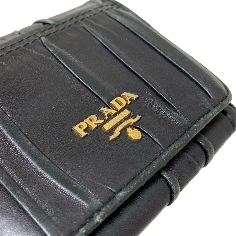 Prada Trifold Wallet Gathered Wallet Black Leather