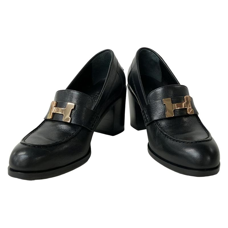 Hermes Loafers 35 1 2 Women's Dauphine Black Pink Gold Hardware Leather