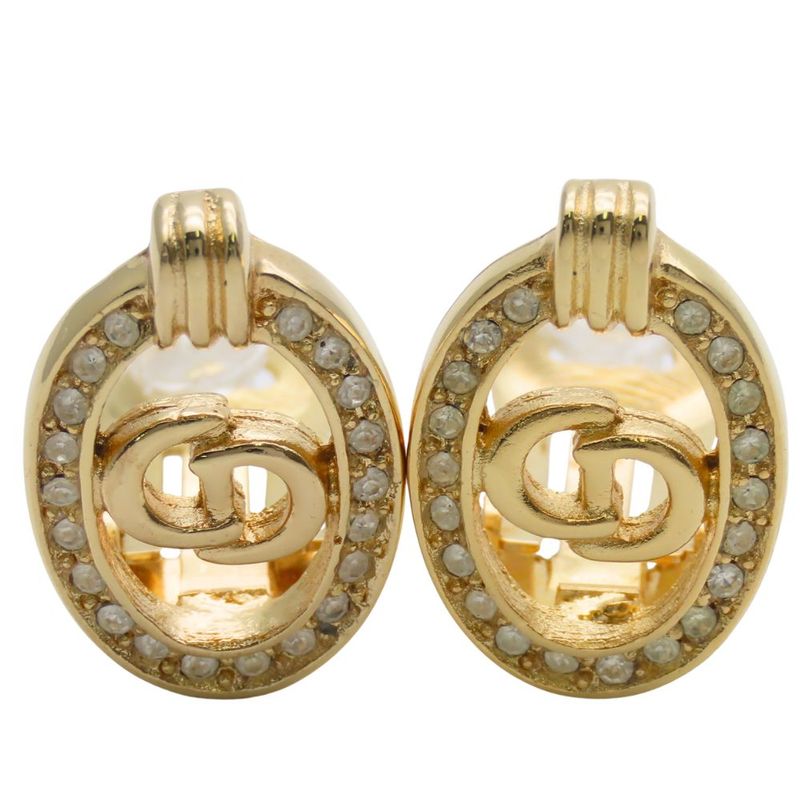 Christian Dior Earring CD Logo Metal Rhinestone Gold Plated GP Accessories
