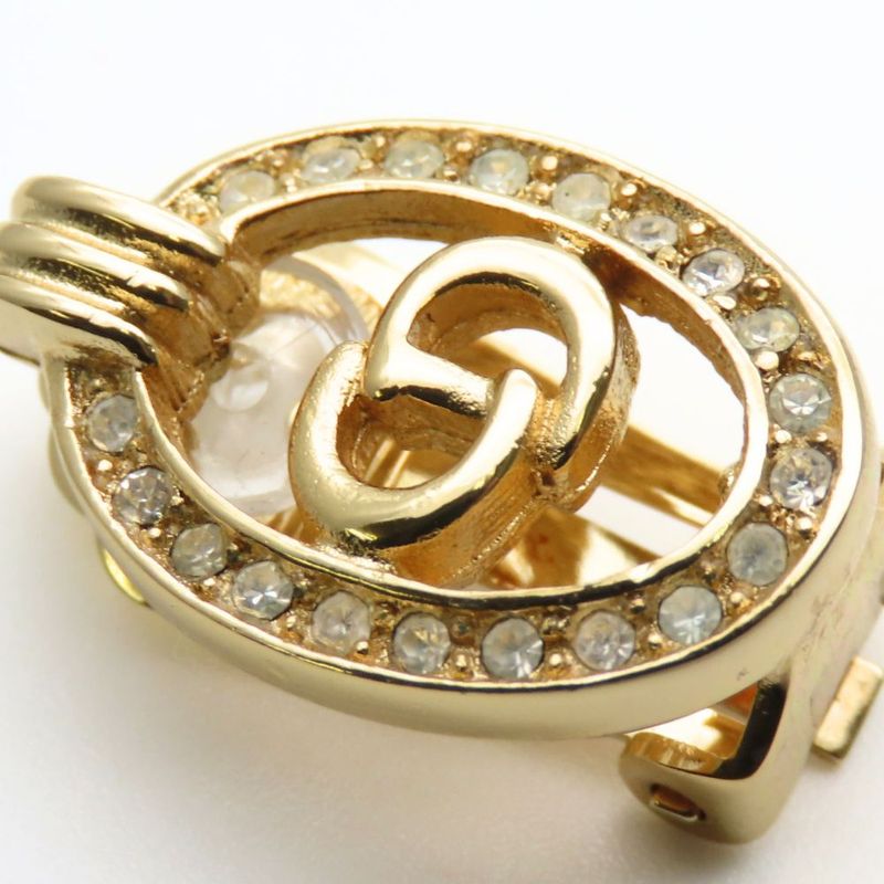 Christian Dior Earring CD Logo Metal Rhinestone Gold Plated GP Accessories