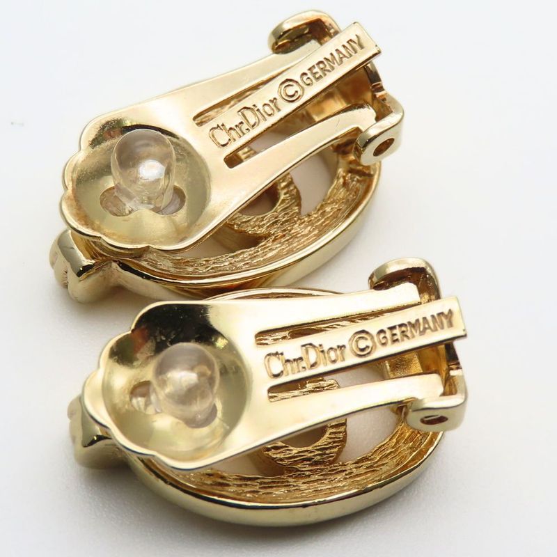 Christian Dior Earring CD Logo Metal Rhinestone Gold Plated GP Accessories