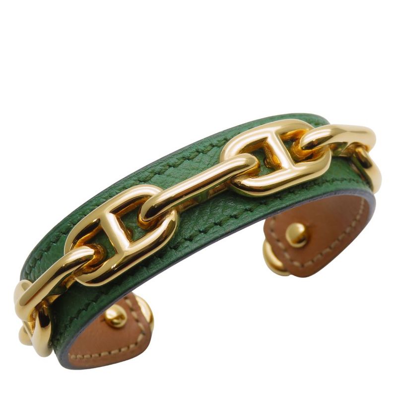 Hermes Bangle Chaine D'ancre Leather Metal Green Gold Plated GP Accessory