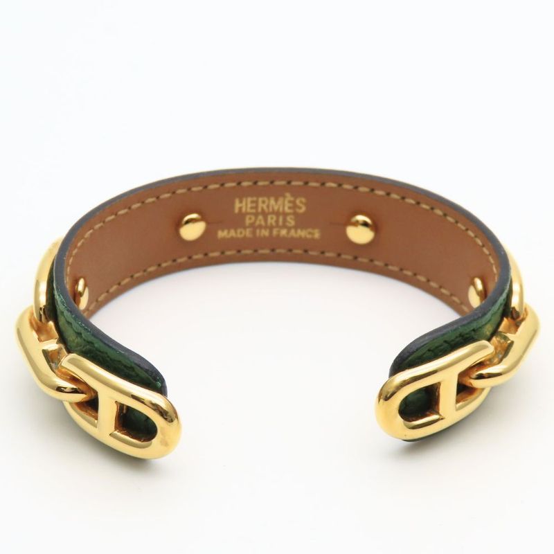 Hermes Bangle Chaine D'ancre Leather Metal Green Gold Plated GP Accessory