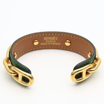 Hermes Bangle Chaine D'ancre Leather Metal Green Gold Plated GP Accessory