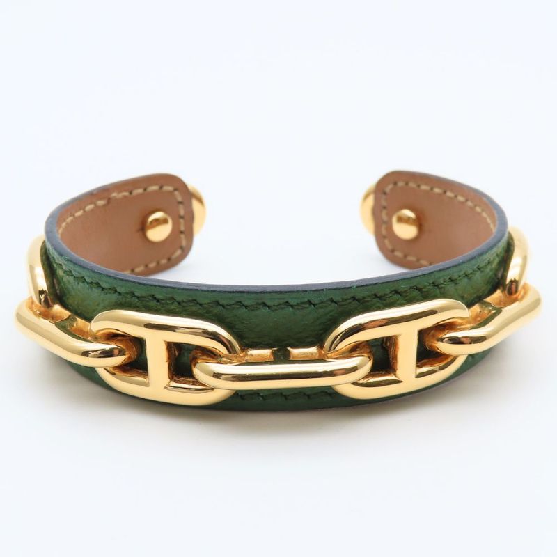 Hermes Bangle Chaine D'ancre Leather Metal Green Gold Plated GP Accessory