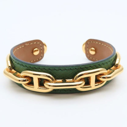 Hermes Bangle Chaine D'ancre Leather Metal Green Gold Plated GP Accessory