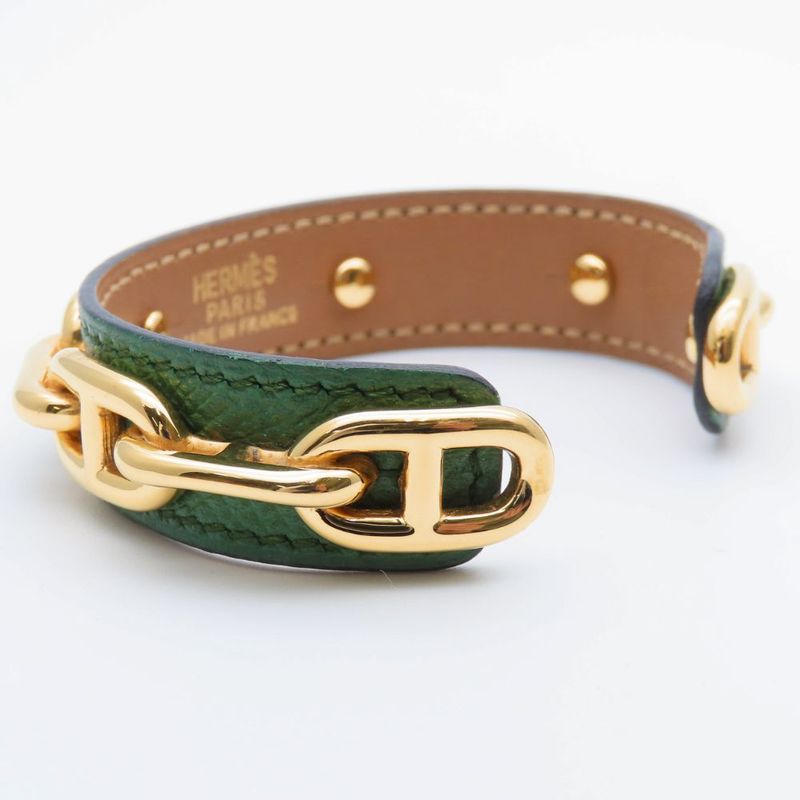 Hermes Bangle Chaine D'ancre Leather Metal Green Gold Plated GP Accessory