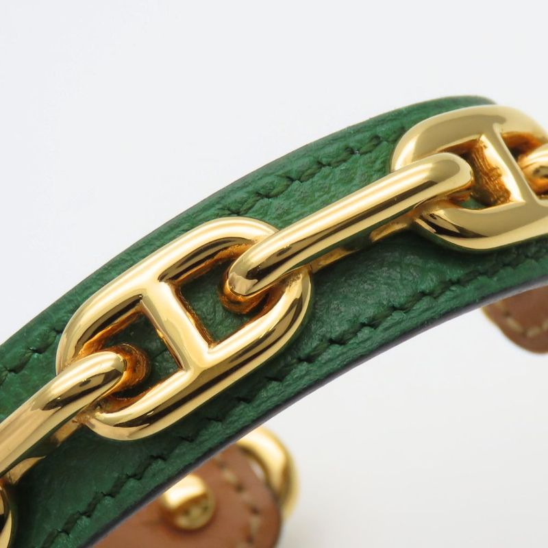 Hermes Bangle Chaine D'ancre Leather Metal Green Gold Plated GP Accessory
