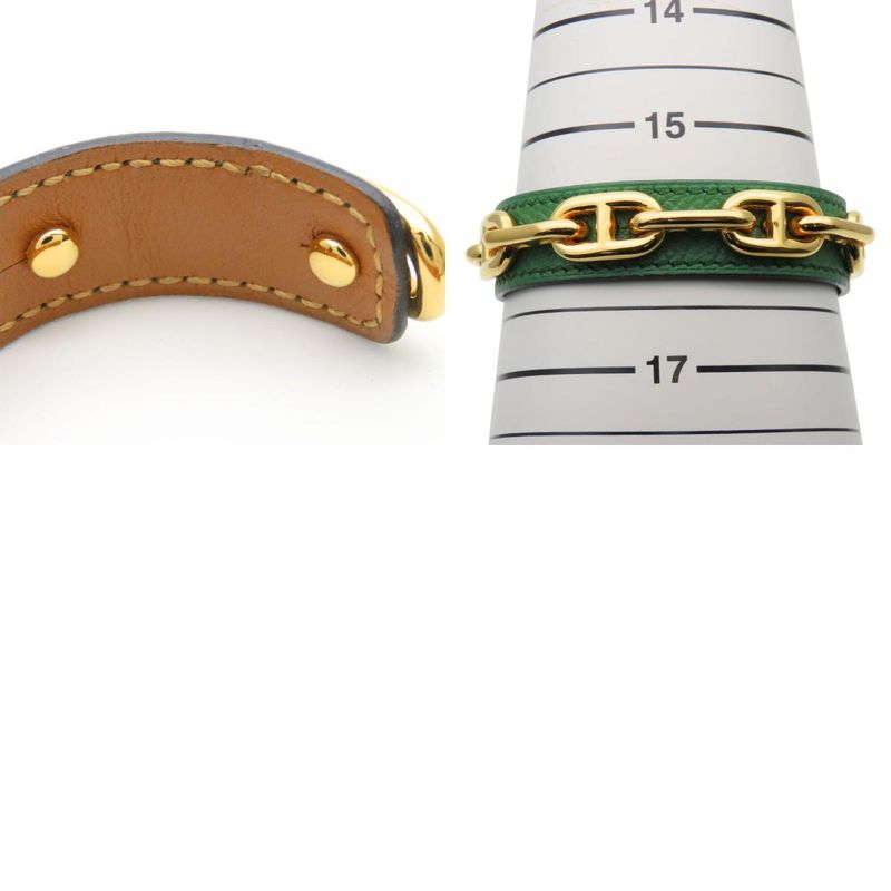 Hermes Bangle Chaine D'ancre Leather Metal Green Gold Plated GP Accessory