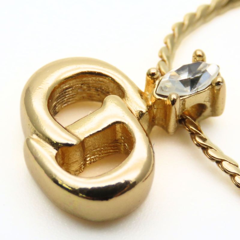 Christian Dior Necklace CD Logo Metal Rhinestone Gold Plated GP Accessories