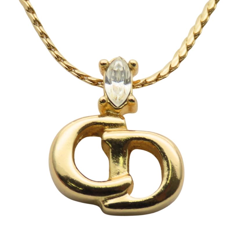 Christian Dior Necklace CD Logo Metal Rhinestone Gold Plated GP Accessories