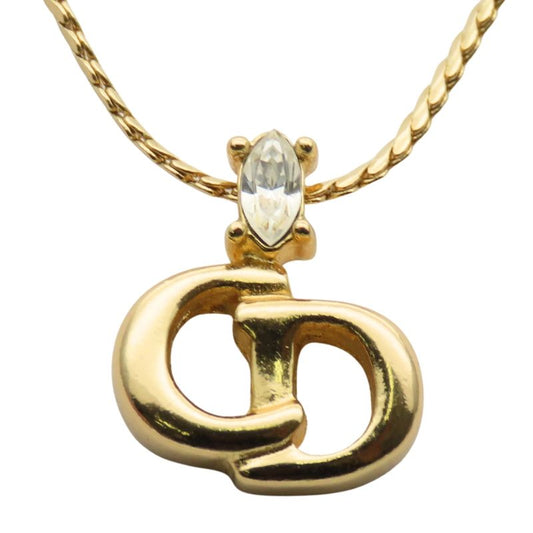 Christian Dior Necklace CD Logo Metal Rhinestone Gold Plated GP Accessories