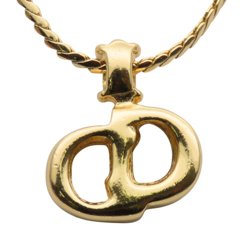 Christian Dior Necklace CD Logo Metal Rhinestone Gold Plated GP Accessories