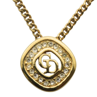 Christian Dior Necklace CD Logo Metal Rhinestone Gold Plated GP Accessories