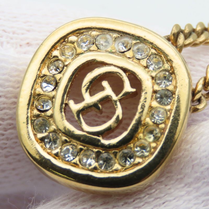 Christian Dior Necklace CD Logo Metal Rhinestone Gold Plated GP Accessories