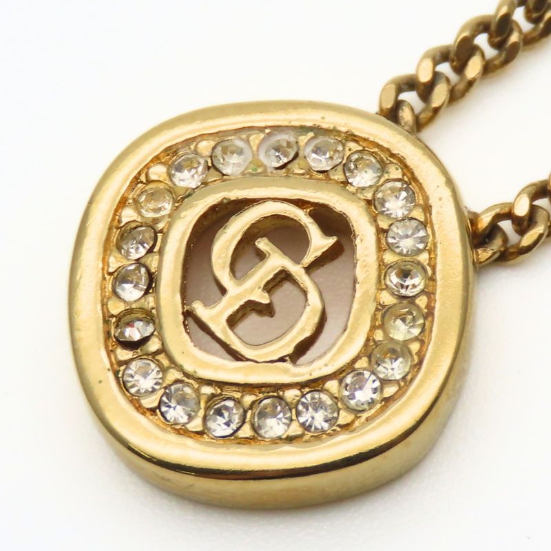 Christian Dior Necklace CD Logo Metal Rhinestone Gold Plated GP Accessories