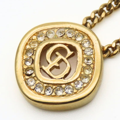 Christian Dior Necklace CD Logo Metal Rhinestone Gold Plated GP Accessories