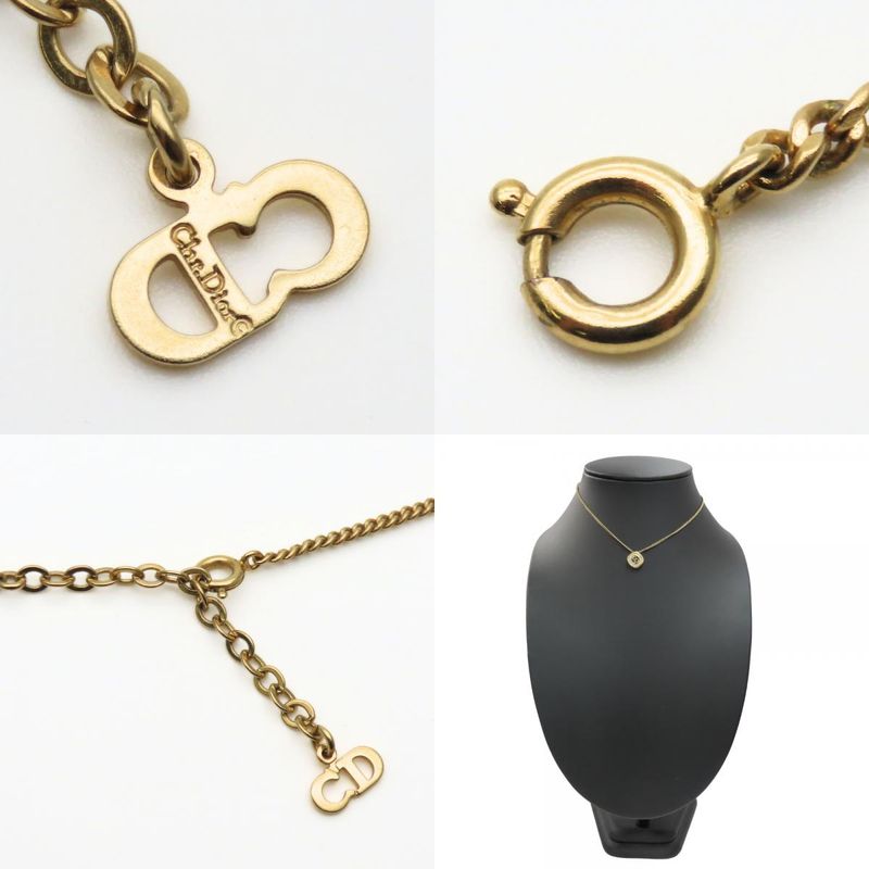 Christian Dior Necklace CD Logo Metal Rhinestone Gold Plated GP Accessories