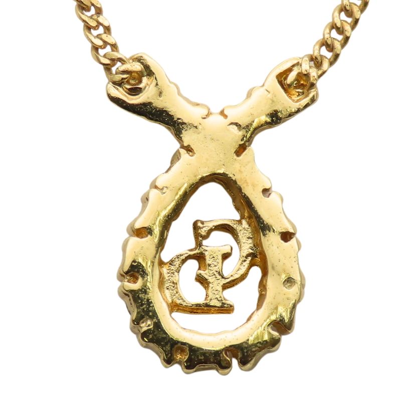 Christian Dior Necklace CD Logo Metal Rhinestone Gold Plated GP Accessories