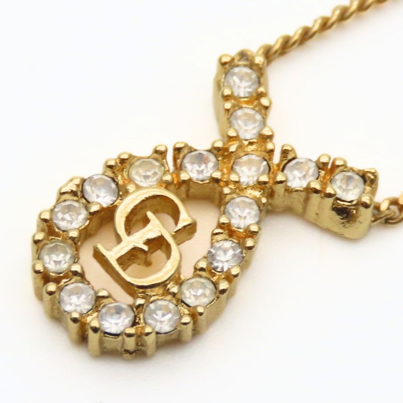 Christian Dior Necklace CD Logo Metal Rhinestone Gold Plated GP Accessories