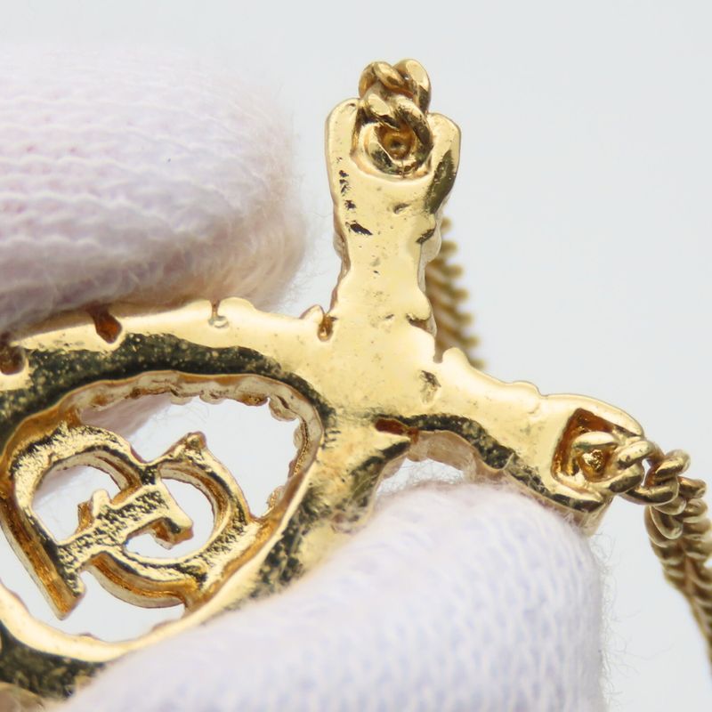 Christian Dior Necklace CD Logo Metal Rhinestone Gold Plated GP Accessories