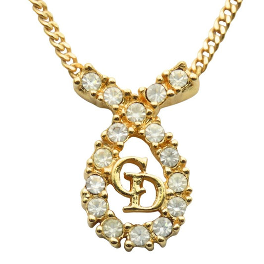 Christian Dior Necklace CD Logo Metal Rhinestone Gold Plated GP Accessories