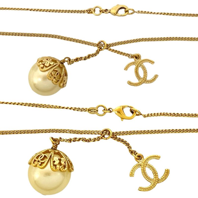 Chanel Coco Mark GP Fake Pearl Necklace Choker Pendant Accessory Gold 87989 06P