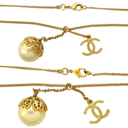 Chanel Coco Mark GP Fake Pearl Necklace Choker Pendant Accessory Gold 87989 06P